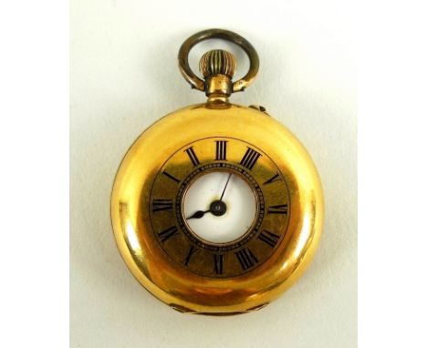 A lady's 18K gold half hunter pocket watch, with B & Cie movement, white enamel dial with black Roman numerals and minute ban