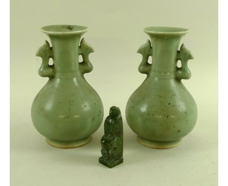 A pair of Chinese porcelain celadon green two handled vases, 10 by 17.5cm high 20th century, together with a spinach jade sea