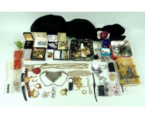 A group of vintage costume and costume jewellery, including three velvet hats, a silver ring, various fashion watches, a pair