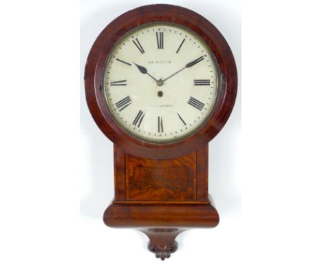 A Victorian and ebony inlaid drop cased wall clock, white enamel dial with black Roman numerals, signed Quilliam, Liverpool, 
