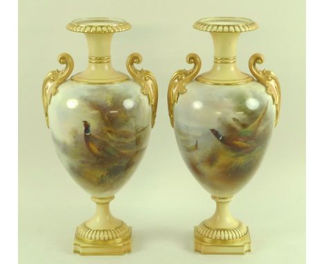 A pair of Royal Worcester blush ivory vases of tapered urn form, with moulded handles, the bodies painted with a pair of phea