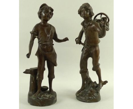 After Louis Auguste Moreau (1855-1919): two bronze statues, one a blacksmith's apprentice indicated by anvil, the other a you