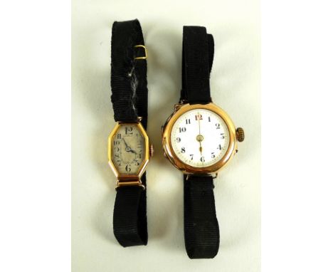 A lady's Art Deco 18ct gold octagonal faced wristwatch, with black gros grain strap and 18ct gold clasp, the face with Roman 