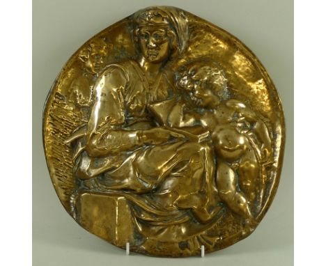 Ferdinand Barbedienne (1810 - 1892): A French bronze wall plaque depicting a mother reading a book to her infant son, inscrib