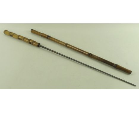 A bamboo sword stick with flat blade, and ivory disc inset to the knop, blade 53.5cm, overall length 89cm.