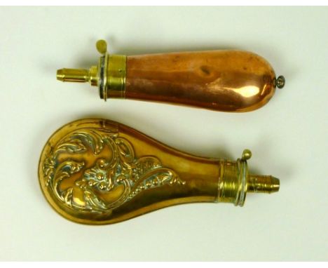 A copper and brass powder flask for a sporting gun, by G & JW Hawksley, Sheffield, mid 19th century, of flattened form, fitte