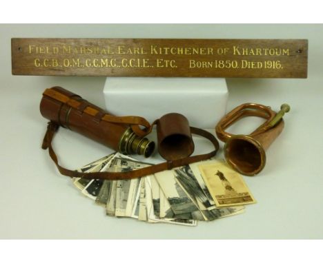 A group of militaria comprising a name plaque for Field Marshall Kitchener of Kartoum, with black edged gilt lettering on oak