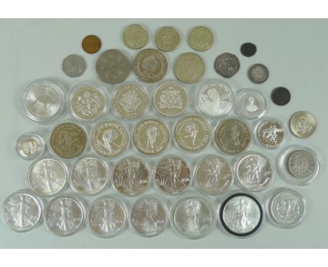 A collection of GB and World coins, comprising: twelve silver eagle dollars, 1986-1996, an Australian one ounce fine silver d