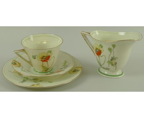 A Royal Doulton Poppy pattern six person tea set, comprising cups, saucers, small plates, 18cm, cake plate, 24.5cm, milk jug,