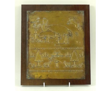 A phosphor bronze printing press plate, relief decorated to the upper half with an elfin pixie seated on a mushroom holding a