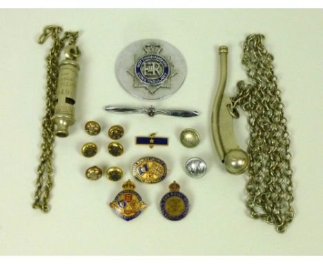 A selection of items including a whistle inscribed 'The Metropolitan London City Police, 949, J.Hudson & Co, 244 Barr Street,