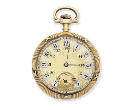 Vulcain. An 18K gold keyless wind open face pocket watchDate: Circa 1920Movement: Swiss lever, cut and compensated bi-metalli