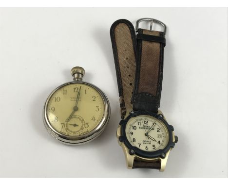 A Westclox chromium plated open-faced pocket watch, together with a Timex Expedition wrist watch