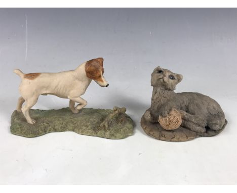 Two early Border Fine Arts figurines; a Jack Russell stalking a mouse modelled by Ray Ayres, c.1983, and a cat playing with a