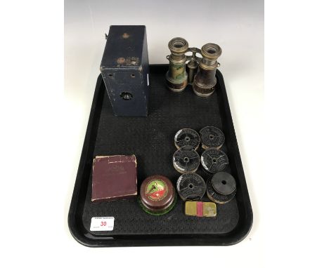 Sundry collectors' items including an HMV gramophone record brush and needle tin, an Ensign box camera, Cir-Q-Lar playing car