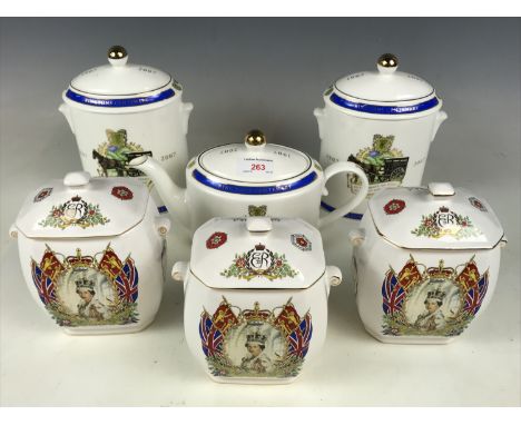 Two Ringtons centenary 1907 - 2007 biscuit barrels together with a centenary teapot and three commemorative Queen Elizabeth I