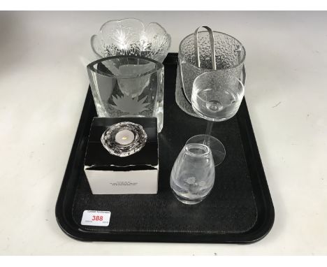 20th century designer glass, including a boxed Kosta Boda tea light, a Wedgwood candlestick, a Kosa wheel-cut crystal vase, a