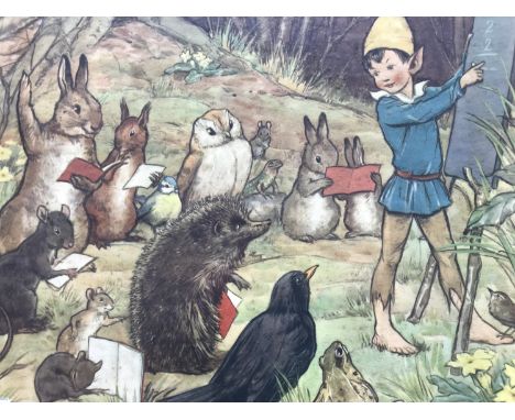 After Margaret Tarrant (1888-1959) Lesson Time, nursery print, depicting a pixie at a blackboard teaching a class of animals,