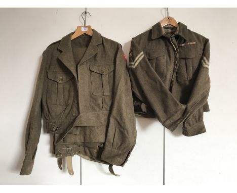 A post war Malta artillery battle dress blouse with trousers together with a Second World War South East Asia command battle 