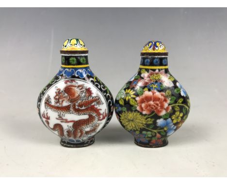 Two Chinese / Canton enamel snuff bottles, one decorated with a dragon, each 6.5 cm