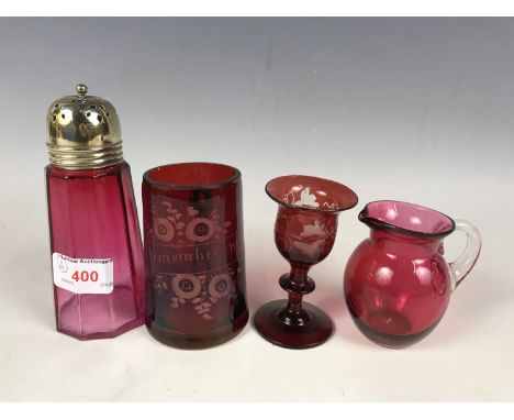 Four items of Victorian ruby flashed / cranberry glass including a sugar castor etc