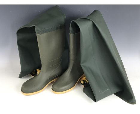 A pair of Dunlop as new studded thigh fishing waders, size 5