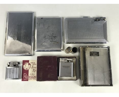 Vintage chromium-plated cigarette cases and lighters, including a Windsor cigarette case with integral lighter, and a boxed R