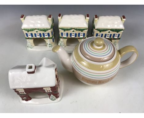 Four Ringtons tea light holders together with a Ringtons biscuit barrel