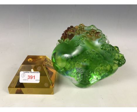 Two contemporary Liuligongfang glass weights, one of geometric form, dated 2010, the other being frosted and encrusted with r