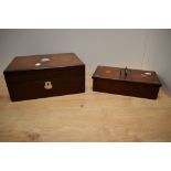 A Victorian mahogany sewing box, having a vacant Mother of Pearl cartouche to the lid and opening