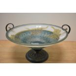 A 20th Century hand painted Italian glass tazza, with Murano Arte sticker and raised on a moulded