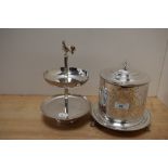 A late Victorian silver plated biscuit barrel, the body engraved with a leaf design and all raised