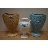 Two mid-20th Century Sylvac pottery Fish Scale vases, each measuring 25cm high, and a Wedgwood
