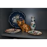 A 20th Century ceramic decoupage pig study, measuring 18cm high, a Cloisonne enamelled vase and
