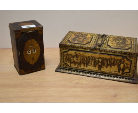 An early 20th Century Huntley and Palmers lithographed biscuit tin in the form of a tea caddy, measuring 9cm x 21cm x 13cm, a