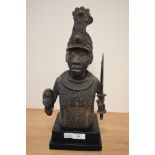 An attractive Benin (Nigerian) Bronze half torso, depicting a warrior with elaborate headdress