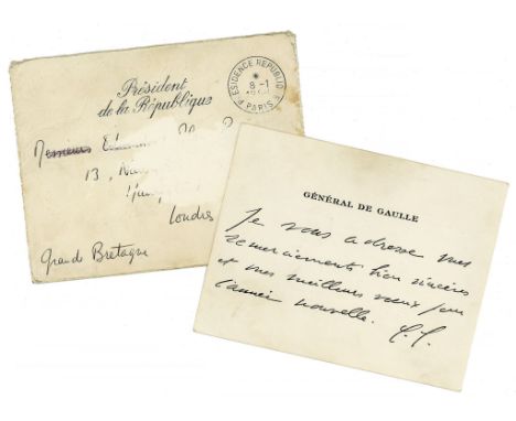 A 9 x 11.5cm card written in French by General Charles De Gaulle on... A 9 x 11.5cm card written in French by General Charles