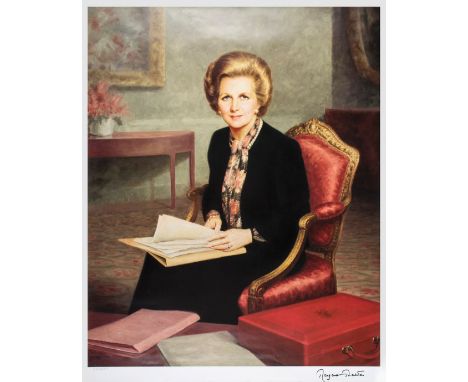 Large colour print of Margaret Thatcher sat working on cabinet papers Large colour print of Margaret Thatcher sat working on 