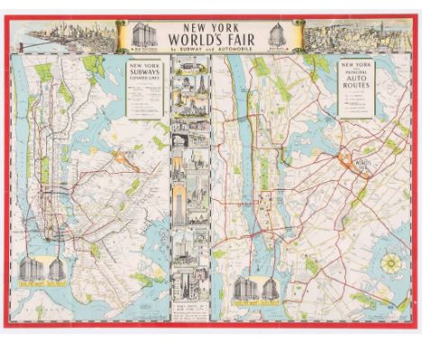 ANONYMOUS - NEW YORK WORLD'S FAIR, by subway and automobile lithographic poster in colours, 1939, printed by Hagstrom Company