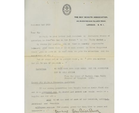 Typed letter signed on headed 'Boy Scouts Association' paper Typed letter signed ("Robert Baden-Powell") on headed 'Boy Scout