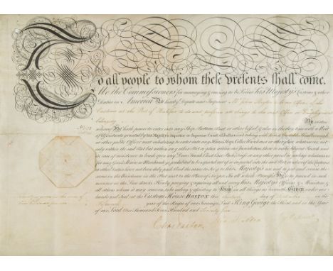 Autograph and printed document of appointment on vellum signed by three... Autograph and printed document of appointment on v