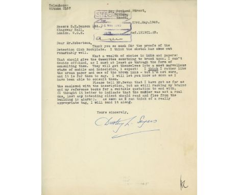 Typed letter signed addressed to "S.H. Benson Ltd", expressing Sayer Typed letter signed ("Dorothy L. Sayers")  addressed to 