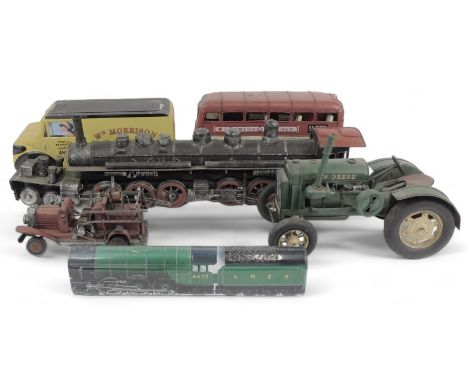 Reproduction tin plate items and biscuit tins, comprising 4-12-2 Big Boy locomotive, John Deere tractor, London Routemaster b