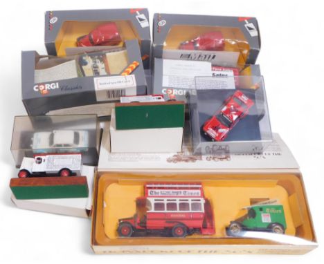 Corgi diecast vehicles, including a Bedford type OB coach, Morris Minor van, limited edition Brit Tyre Sales Thornycroft van,