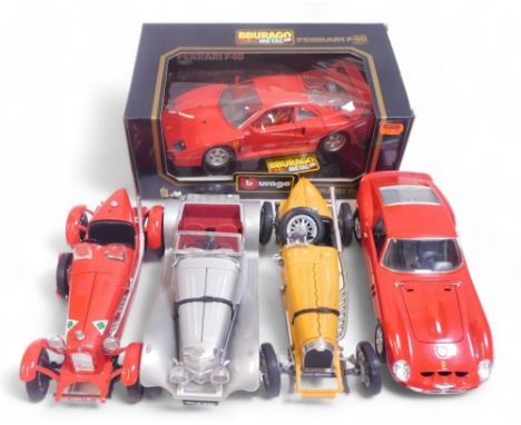 Burago diecast, including a Ferrari F40, Ferrari GTO, Jaguar SS 100, Alfa Romeo 2300 Monza, and a Bugatti type 59 1934. (5)