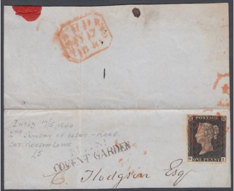STAMPS : PENNY BLACK Plate 2 lettered (GI) 2 good and 2 tight margins, on dated piece 17th May 1840 (second sunday), also Cov