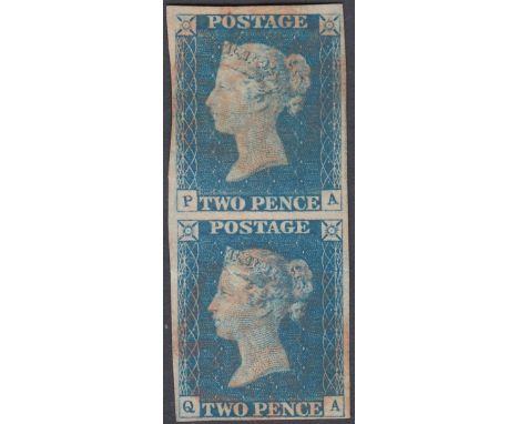 GREAT BRITAIN STAMPS 1840 2d Blue Plate 1 Vertical pair cancelled by light red MX's, clear margins all round. Scarce as a pai