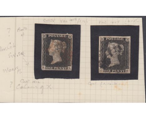 GREAT BRITAIN STAMPS : Two Penny Blacks (KL and CE) both fine used with clear margins, noted written by the original owner on