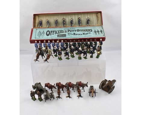 A QUANTITY OF BRITAINS CAST LEAD FIGURES includes First World War machine gunner, cannons and a part fitted box 'Officers and