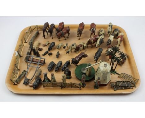 A COLLECTION OF VINTAGE LEAD FARM ANIMALS AND FIGURES including shire horses, ponies, cattle, pigs, hurdles, milk churns, win